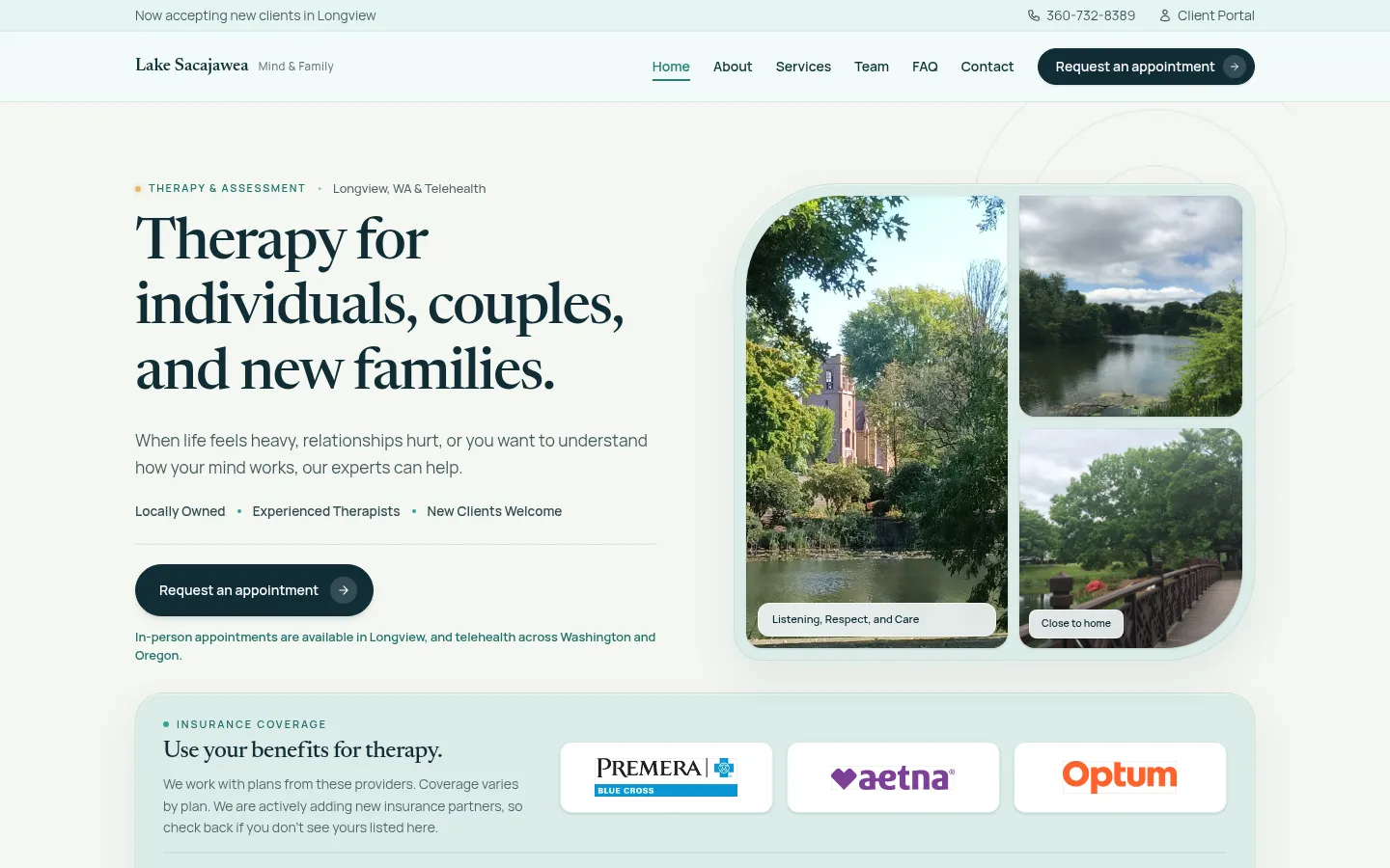 Screenshot of Lake Sacajawea Mind & Family website homepage
